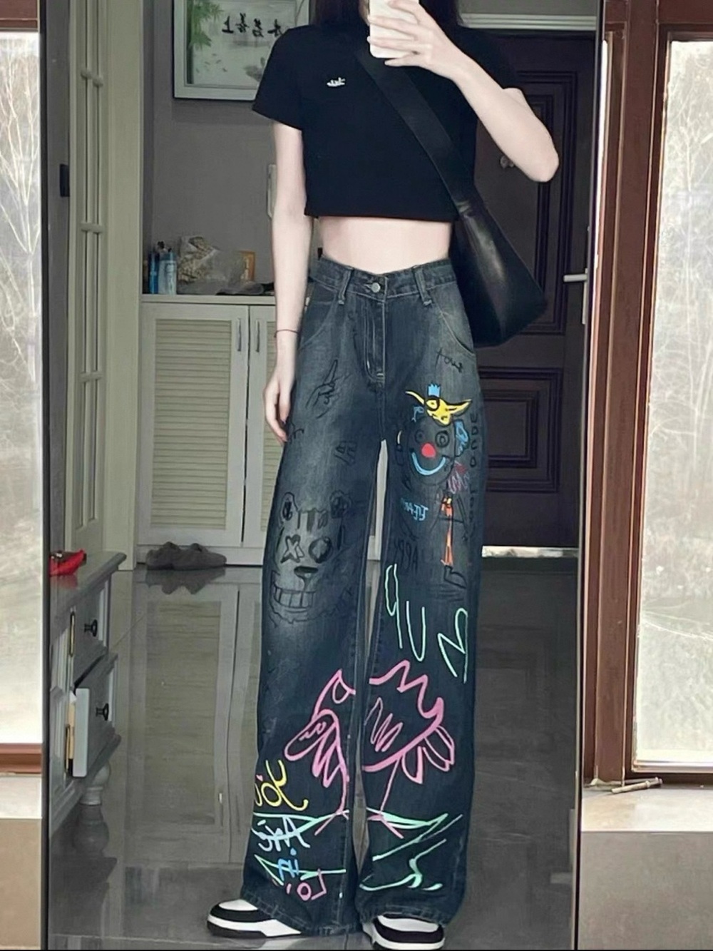 Black Cropped Tee with Painted Wide-Leg Graffiti Jeans